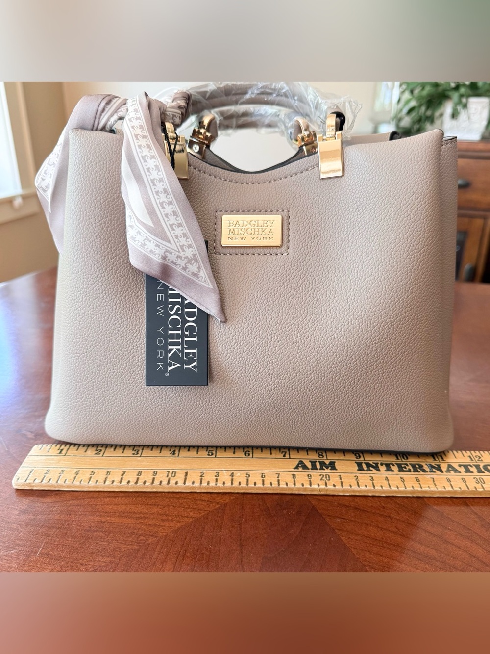 Badgley Mischka Taupe Satchel with Scarf Detail - Picture 9 of 10